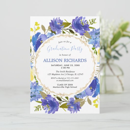 Blauw geel goud bloemen zomer afstudeerfeest kaart (Staand voorkant)