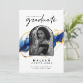 Blauw Geel Goud Elegant Boog Foto Afstuderen Aankondiging (Staand voorkant)