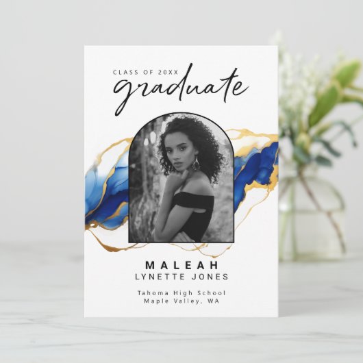 Blauw Geel Goud Elegant Boog Foto Afstuderen Aankondiging (Staand voorkant)