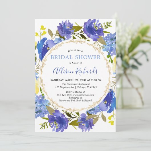 Blauw geel goud elegant floraal vrijgezellenfeest kaart (Staand voorkant)