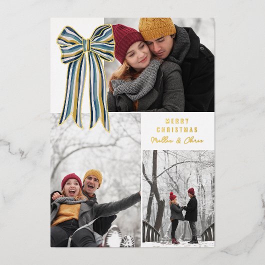 Blauw Geel Goud Gestreepte Boog Vrolijke Kerstfoto Folie Feestdagenkaart (Voorkant)