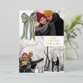 Blauw Geel Goud Gestreepte Boog Vrolijke Kerstfoto Folie Feestdagenkaart (Staand Voorkant)