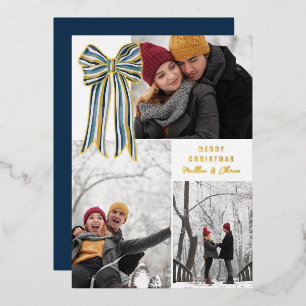 Blauw Geel Goud Gestreepte Boog Vrolijke Kerstfoto Folie Feestdagenkaart