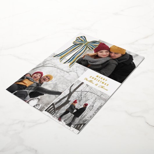 Blauw Geel Goud Gestreepte Boog Vrolijke Kerstfoto Folie Feestdagenkaart (Gedraaid)