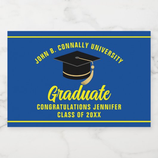 Blauw Geel Graduation Party Custom Afstuderen Sparkling Wijnetiket (Enkel label)