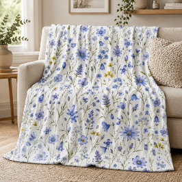 Blauw Geel Groen Aquarel Wilde Bloem Patroon  Fleece Deken