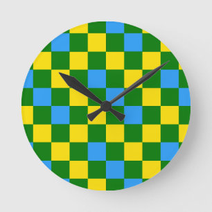 Blauw Geel Groen Geruit Patroonontwerp Ronde Klok