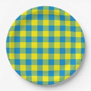 Blauw Geel Groen Geruit Schachbrett Motief Papieren Bordje