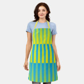 Blauw geel groen gestreept patroon schort (Gedragen)