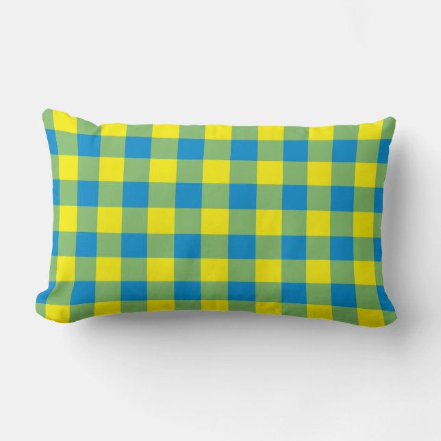 Blauw Geel Groen Gestreepte Geruite Patroon Kussen (Voorkant)