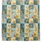 Blauw Geel Groen Patchwork Dekbed Bloem Motief Ret Douchegordijn (Voorkant)