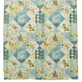 Blauw Geel Groen Patchwork Dekbed Bloem Motief Ret Douchegordijn (Voorkant)