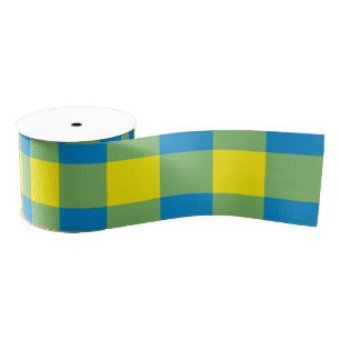 Blauw Geel Groen Plakken Checker Patroon Grosgrain Lint