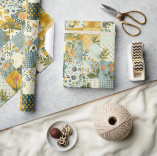 Blauw Geel Groen Quilt Gingham Cottagecore Bloem Cadeaupapier