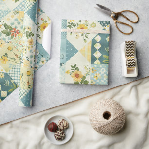 Blauw Geel Groen Quilt Gingham Cottagecore Bloemmo Cadeaupapier