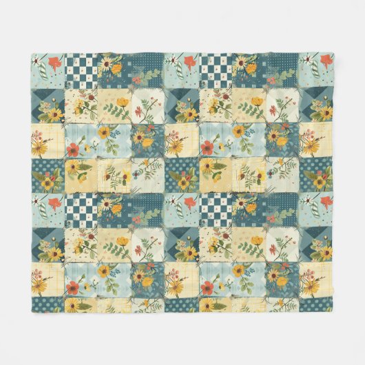 Blauw Geel Groen Quilt Patchwork Gingham Bloemmoti Fleece Deken (Voorkant (Horizontaal))