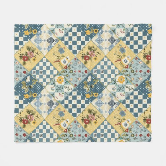 Blauw Geel Groen Quilt Patchwork Gingham Bloemmoti Fleece Deken (Voorkant (Horizontaal))