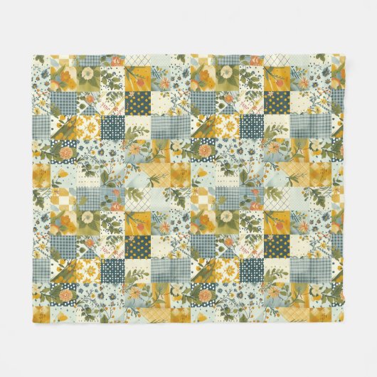 Blauw Geel Groen Quilt Patchwork Gingham Bloemmoti Fleece Deken (Voorkant (Horizontaal))