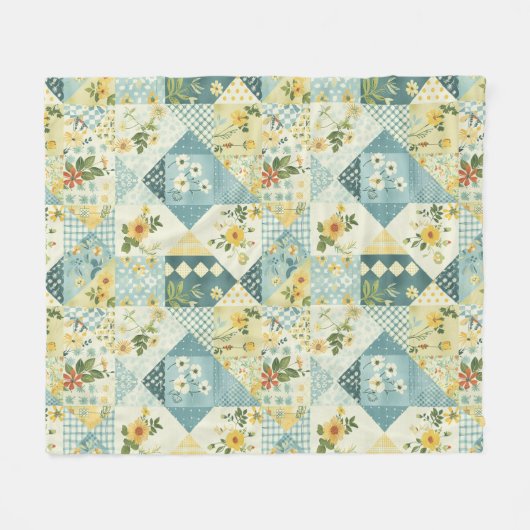 Blauw Geel Groen Quilt Patchwork Gingham Bloemmoti Fleece Deken (Voorkant (Horizontaal))