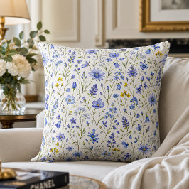 Blauw Geel Groen Waterverf Wildbloem Patroon Kussen