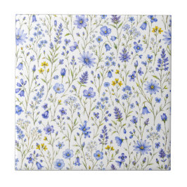 Blauw Geel Groen Waterverf Wildbloem Patroon Tegeltje
