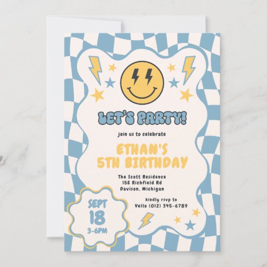 Blauw Geel Groovy Glimlach Geruit Retro Verjaardag Kaart (Voorkant)