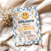 Blauw Geel Groovy Glimlach Geruit Retro Verjaardag Kaart