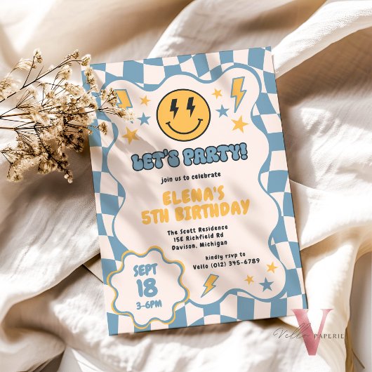 Blauw Geel Groovy Glimlach Geruit Retro Verjaardag Kaart