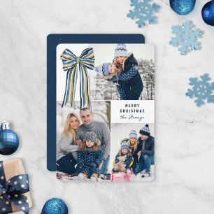 Blauw Geel Grote Gestreepte Boog Vrolijke Kerstfot Feestdagenkaart