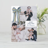 Blauw Geel Grote Gestreepte Boog Vrolijke Kerstfot Feestdagenkaart (Staand voorkant)