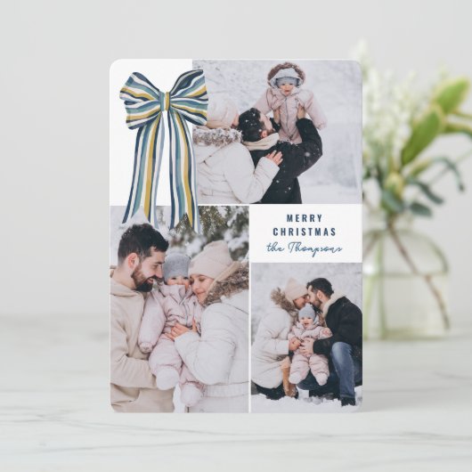 Blauw Geel Grote Gestreepte Boog Vrolijke Kerstfot Feestdagenkaart (Staand voorkant)