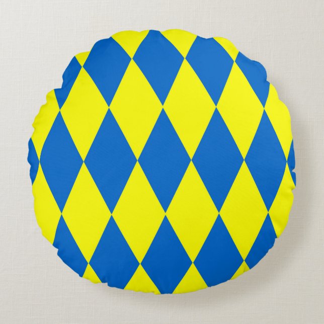 Blauw Geel Harlekijn Geruit Ontwerp  Rond Kussen (Voorkant)