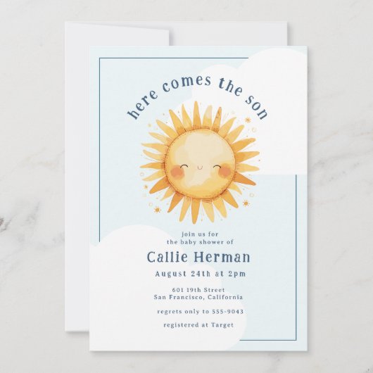Blauw Geel Hier komt de Son Boy Baby shower Kaart (Voorkant)
