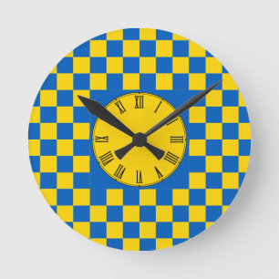 Blauw & Geel kleur vierkant / geruit patroon Rond Ronde Klok