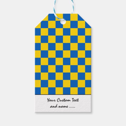 Blauw & geel kleurenvierkant / gecontroleerd patro cadeaulabel (Voorkant)