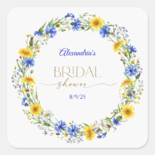 Blauw Geel Lavendel Wilde Bloemenkrans Vierkante Sticker