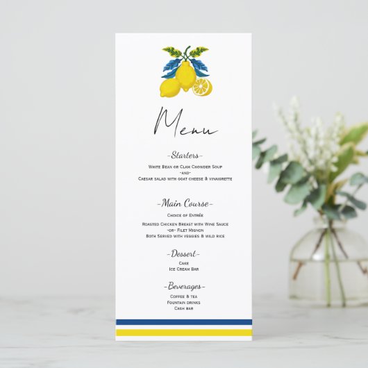 Blauw Geel Lemon Mediterraan Trouwmenu Menu (Staand voorkant)