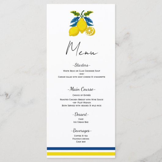 Blauw Geel Lemon Mediterraan Trouwmenu Menu (Voorkant)