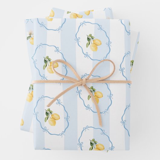 Blauw Geel Lemon Wrapping Paper Blad Set van 3 (In situ)