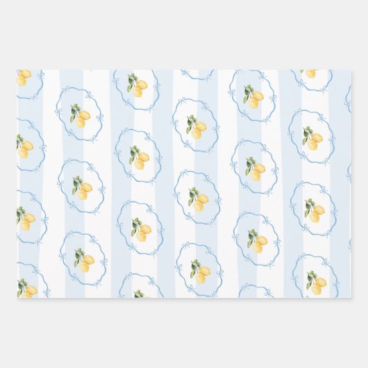 Blauw Geel Lemon Wrapping Paper Blad Set van 3 (Voorkant)
