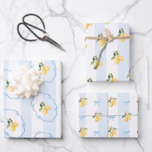Blauw Geel Lemon Wrapping Paper Blad Set van 3 (Voorkant)