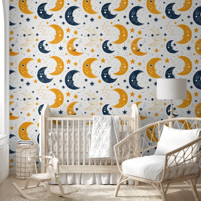 Blauw Geel Lullaby Maan en Sterren Behang (Kinderen)