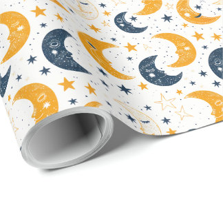 Blauw Geel Lullaby Maan en Sterren Cadeaupapier