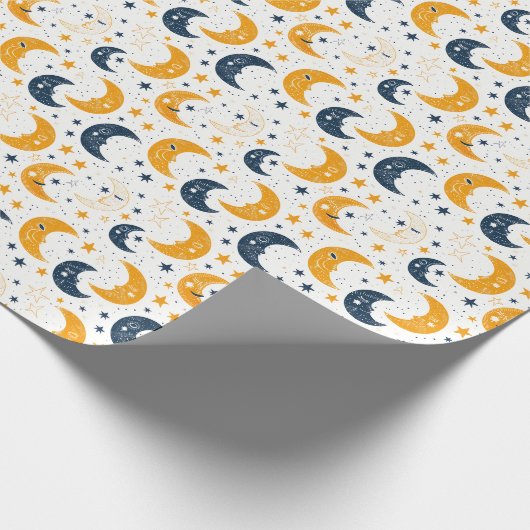 Blauw Geel Lullaby Maan en Sterren Cadeaupapier (Hoek)