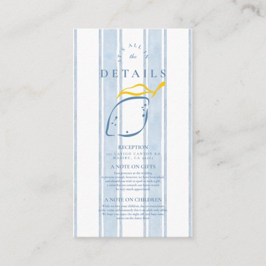 Blauw Geel Mediterraan Lemon Wedding Informatiekaartje (Voorkant)