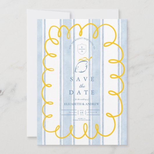 Blauw Geel Mediterraan Lemon Wedding Save The Date (Voorkant)