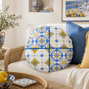 Blauw Geel Mediterraan Tegel Patchwork Rond Kussen