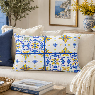 Blauw Geel Mediterraan Tegeltje Patchwork  Accent Kussen