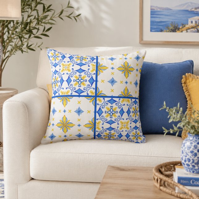Blauw Geel Mediterraan Tegeltje Patchwork  Kussen (Creator heeft geüpload)