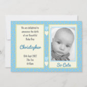 Blauw geel met stippen geboortedetails en baby fot kaart (Voorkant)